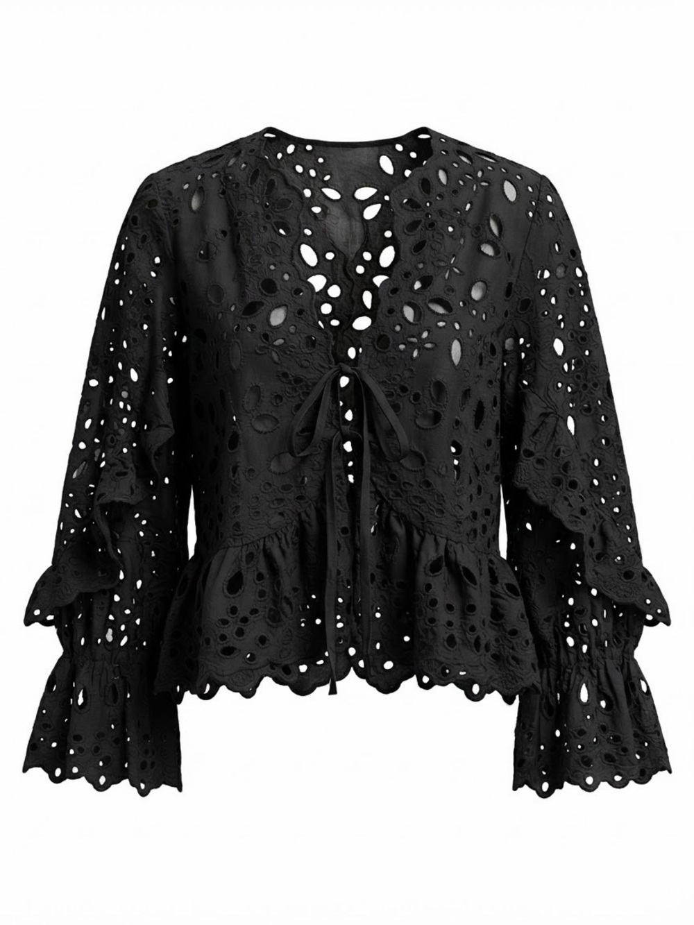 House of Harlow 1960 Black Eyelet Tie-Front Peplum Blouse